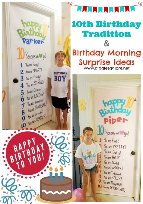 Fun 10th birthday tradition & birthday morning surprise ideas to help you celebrate double digits! #birthdayidea #birthday #birthdaytraditions Birthday Morning Surprise Ideas, Birthday Surprise Kids, Birthday Surprise Ideas, Birthday Door, Birthday Morning Surprise, Surprise Ideas, Birthday Morning, Birthday Countdown, Tenth Birthday