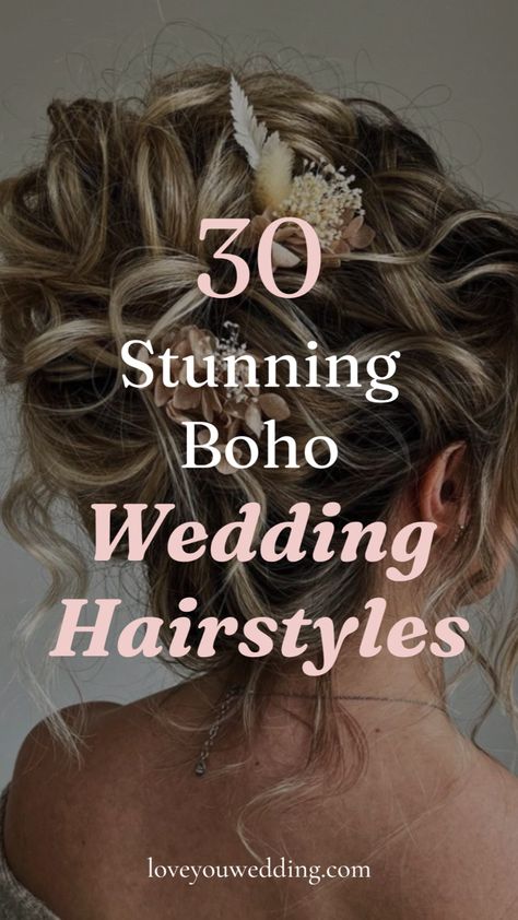 30 Stunning Boho Bride Hairstyles: Down, Half Up, Updo, Braids. Looking for beautiful boho wedding hairstyle ideas and inspiration? We’re sharing 30 gorgeous boho bride hairstyles for long, medium, and short hair. Whether you’re looking for boho hairstyles down, half up, updos, with braids, with veils, or even boho bridesmaid hairstyles, we have the top boho wedding beauty ideas for your big day. Bridal Hair Casual, Boho Mother Of The Bride Hair, Boho Wedding Bun, Boho Messy Updo, Boho Wedding Hairstyles For Long Hair, Curly Hair Bride Hairstyles, Boho Bridesmaid Hairstyles, Braided Bridesmaid Hairstyles, Boho Wedding Hair Down