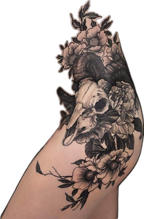 Ram Skull Tattoo With Flowers, Across The Shoulder Tattoos For Women, Unusual Tattoos For Women, Side Of Stomach Tattoo For Women, Skull And Flowers Tattoo Design, Longhorn Skull Tattoo, Sleeve Ideas For Women, Floral Skull Tattoos, Piercings And Tattoos