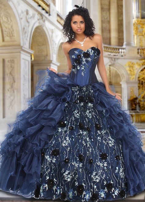 Indigo / Midnight Blue Organza Dress taffeta & sequins Navy Blue Quinceanera Dresses, Blue Quinceanera, Era Dresses, Quinceañera Dresses, Blue Ball Gowns, Quinceanera Dresses Blue, Marine Uniform, Evening Dress Floor Length, Quince Ideas