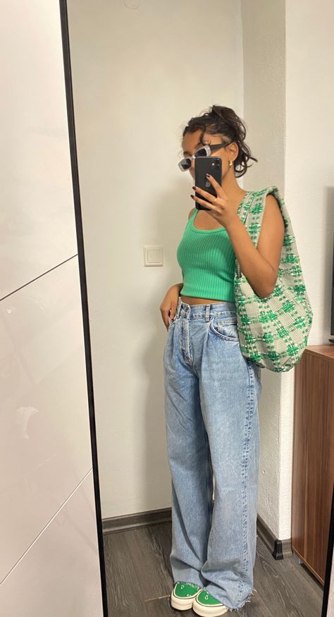 Outfit With Green Top, Green Summer Top Outfit, Green Crop Tank Top Outfit, Blue Mom Jeans Outfit Summer, Green Shirt Jeans Outfit, Green Outfit Summer, Green Top Blue Jeans Outfit, Blue And Green Outfit Aesthetic, Mall Outfits Summer