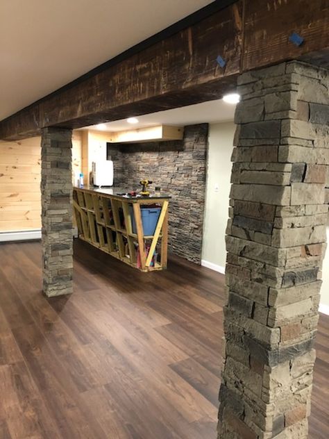 Basement Pillar Covering Ideas, Faux Stone Pillar Wraps, Stone Pillars Interior, Basement Stone Wall Ideas, Faux Stone Column Wrap, Stone Columns Interior, Basement Column Ideas, Basement Columns, Basement Accent Wall