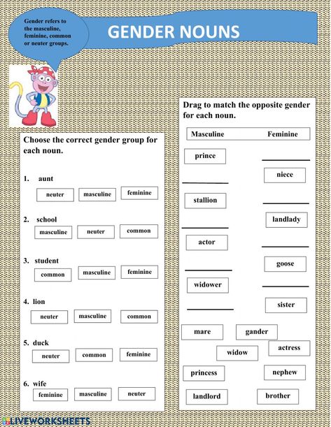 Identifying nouns gender online worksheet for Grade 3. You can do the exercises online or download the worksheet as pdf. Gender Nouns Worksheet, Gender Worksheet, Gender Nouns, Basic Drawing For Kids, Worksheet For Class 2, Family Worksheets, Worksheets For Class 1, Worksheets For Grade 3, Word Family Worksheets