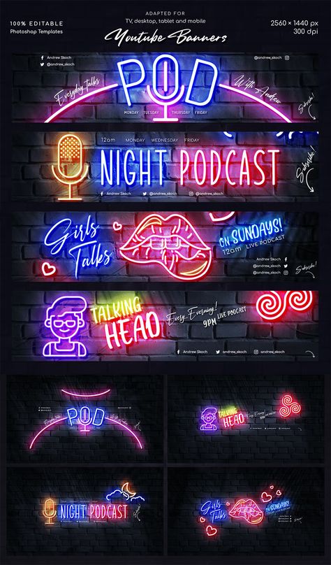 Podcast Youtube Banner, Youtube Cover, Neon Effect, Podcast Studio, Edc Bag, Youtube Channel Ideas, Cover Templates, Youtube Channel Art, Best Free Fonts