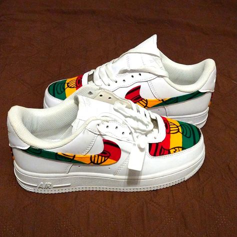 White Nike Air Force 1s With Red Gold And Green Design, Brand New, Special Made, Men's Size 7. $180 New Sneakers 2024, Sequin Sneakers, White Nike Air Force, Custom Sneakers Diy, Painted Nikes, Custom Painted Shoes, White Nike Air, Nike Air Force 1s, Air Force 1s