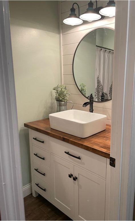 Wood Countertop Bathroom, Shiplap Bathroom, Guest Bathroom Remodel, New House Bathroom, Cabin Bathrooms, Bathroom Farmhouse Style, Bathroom Redesign, Wooden Bathroom, Bathroom Remodel Designs