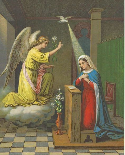 Feast Of The Annunciation, Roman Catholic Art, Saint Gabriel, Vintage Holy Cards, The Annunciation, Catholic Pictures, Archangel Gabriel, Jesus And Mary Pictures, Luke 1