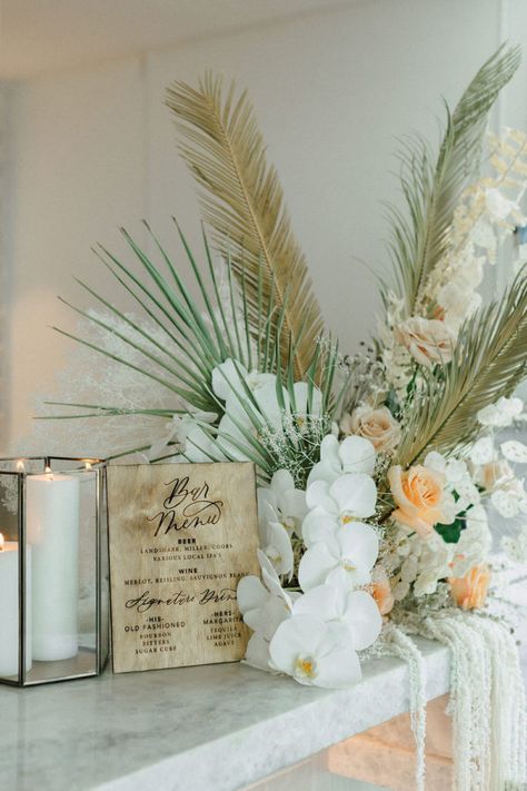 Boho Orchid Wedding, Tropical Boho Chic Wedding, Dried Palms Wedding, Coastal Boho Wedding Decor, Tropical Boho Wedding Flowers, Boho Beach Wedding Centerpieces, Beachy Flower Arrangements, Palm Leaf Wedding Decor, Modern Coastal Wedding Decor