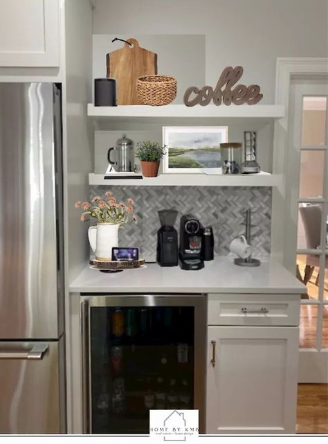 floating shelves about coffee bar in kitchen Coffee Bar Ideas Kitchen Counter Floating Shelves, Coffee Bar Station Small Spaces Nook, Kitchen Ideas With Coffee Bar, Beverage Counter In Kitchen, Bars With Floating Shelves, Coffee Station Floating Shelves, Kitchens With Coffee Stations, Coffee Bar Wine Bar Combo, Coffee Counter Station