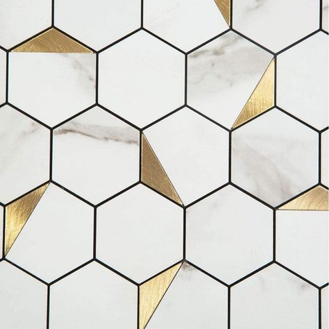 White Backsplash With Gold Grout, Geometric Peel And Stick Tile, White Subway Tile Kitchen Backsplash Gold Grout, White And Gold Hexagon Backsplash, Gold And White Kitchen Backsplash, White And Gold Kitchen Tiles, Black White And Gold Backsplash, White And Gold Tile Backsplash Kitchen, Golden Backsplash Kitchen