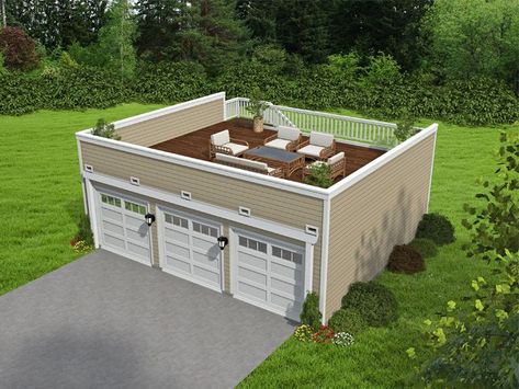 062G-0305: 3-Car Garage Plan with Mezzanine Roof Top Deck, Lake Front House Plans, 3 Car Garage Plans, Contemporary Garage, Garage Roof, Carport Designs, Lake Front, Modern Garage, Garage Plan