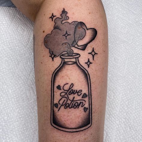 Love potion for Trinity 🩶 always open to your custom ideas-DM or email to book! Poison And Antidote Tattoo, Love Potion No 9 Tattoo, American Traditional Potion Bottle Tattoo, Drink Me Potion Tattoo, Antidote Tattoo, Traditional Potion Bottle Tattoo, Love Potion Tattoo, Potion Bottle Tattoo, Potion Tattoo