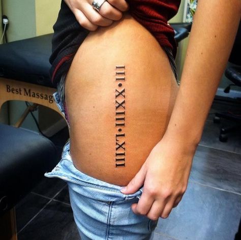 PINNED BY: @LOVEMEBEAUTY85 Hip Quote, Roman Numerals Tattoo, Numerals Tattoo, Roman Numeral Tattoo, Tattoo Hip, Coordinates Tattoo, Numeral Tattoo, Diamond Tattoo, Roman Numeral Tattoos