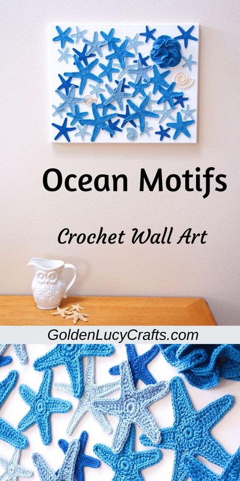 Crochet wall art ideas inspired by the sea, ocean. Sea crochet motives, DIY, crochet applique, ocean theme, home décor, wall hanging, canvas Sea Crochet, Crochet Motives, Crochet Wall Art, Crochet Granny Square Afghan, Beach Crochet, Crochet Fish, Crochet Birds, Crochet Wall Hangings, Star Fish