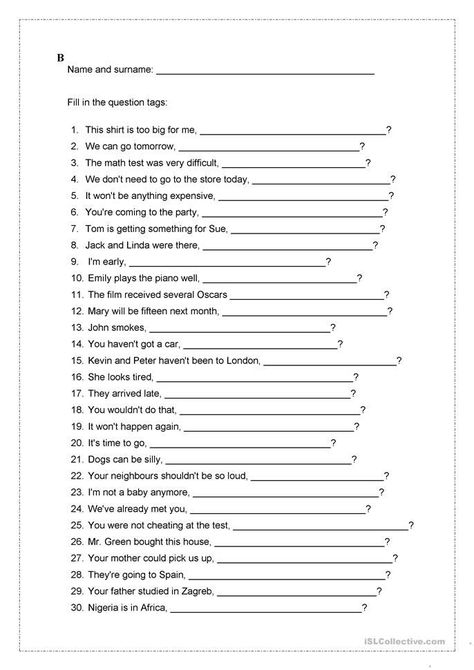 question tags worksheet - Free ESL printable worksheets made by teachers | English grammar, English grammar worksheets, English grammar test Question Tags Worksheet, Question Tag, English Grammar Test, English Prepositions, English Help, English Teaching Materials, Esl Lesson Plans, English Exercises, English Grammar Worksheets