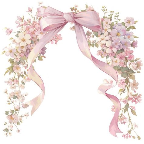 Pink Floral Prints, Coquette Frame, Coquette Watercolor, Ribbon Image, Watercolor Ribbon, Recuerdos Primera Comunion Ideas, Coquette Vintage, Frame Flowers, Watercolor Frame