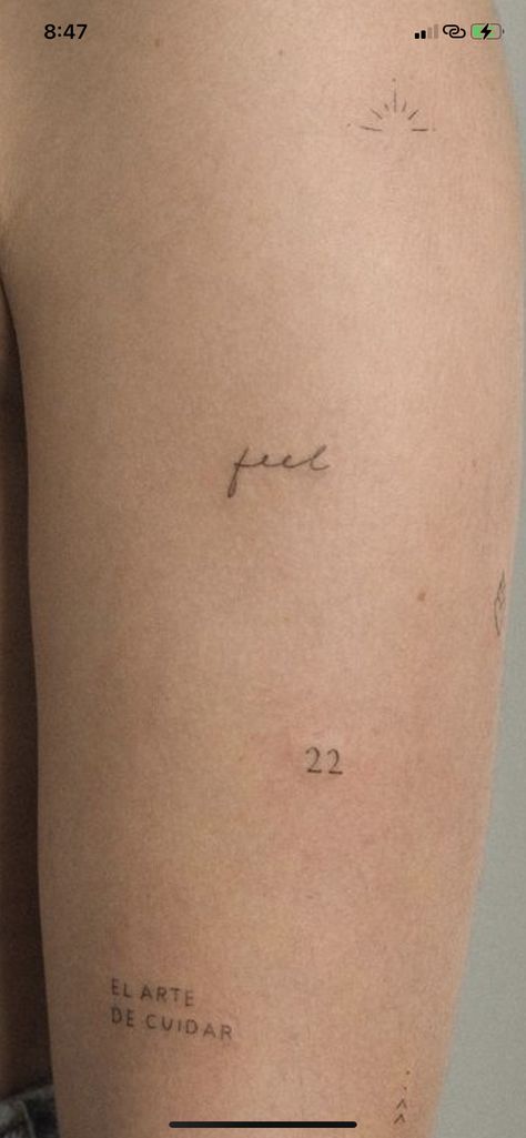 Minimalistic Word Tattoo, Light Script Tattoo, Writing On Shoulder Tattoo, 4 Letter Word Tattoo, 222 Fine Line Tattoo, Tiny Chilli Tattoo, Single Number Tattoo, Feel Tattoo Words, Small Tattoos For Strength