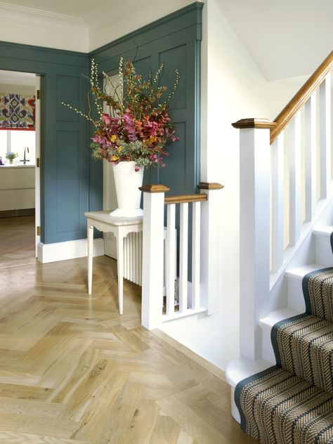 Panelled hallway 1930s Decor, 1930s House Interior, 1930s House Renovation, Contemporary Staircase, Hallway Inspiration, 1930s House, House Of Turquoise, Hallway Designs, Stair Case