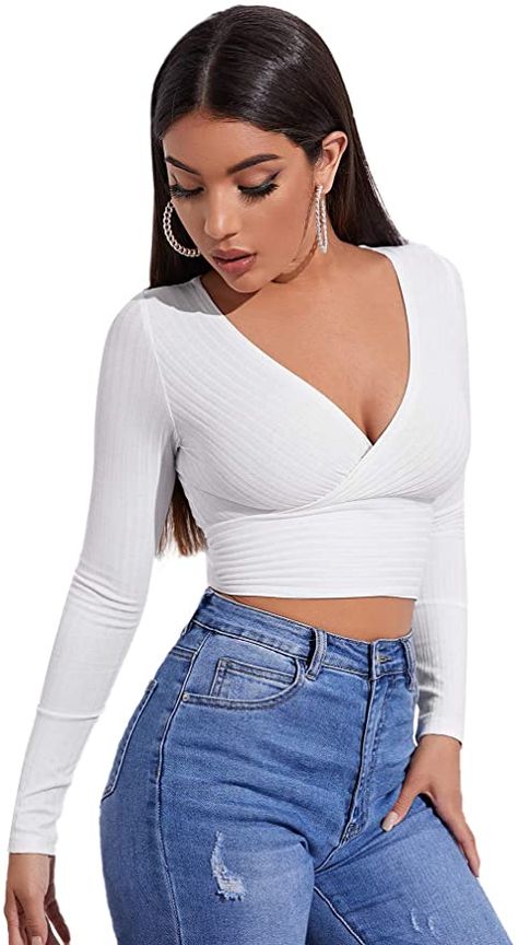 MakeMeChic Women's Deep V Neck Long Sleeve Cross Wrap Crop Tops A White Solid XS at Amazon Women’s Clothing store Stretch Tops, White Long Sleeve Top, Crop T Shirt, T Shirt Fashion, Cropped Tops, Stretch Top, Long Sleeve Crop, Outfit Casual, Crop Tshirt