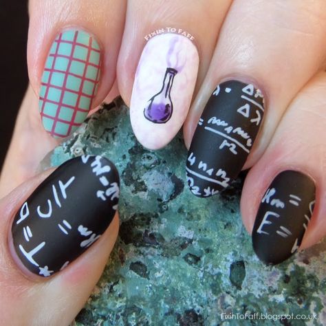 Science and Technology inspired nailart featuring blackboard (chalkboard) nail art with equations, graphing paper, and a chemistry beaker overflowing with purple liquid and smoke. School Nail Art, Chalkboard Nails, Scientist Party, Stamp Template, Patrick Nagel, Matte Nail Art, Nail Art Stamping Plates, School Nails, Nail Files