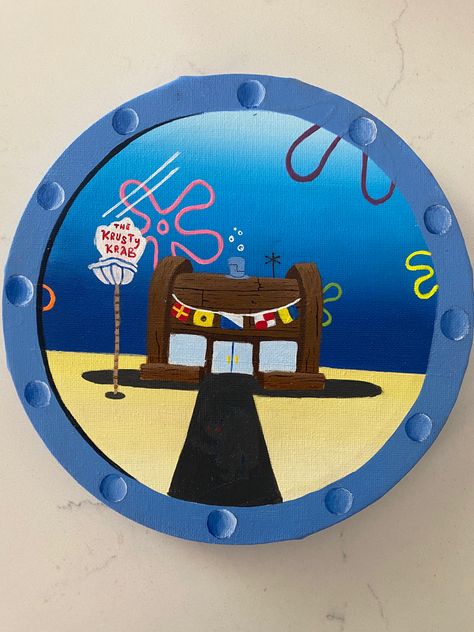 Acrylic on canvas ! #spongebob #painting #art #artist Spongebob Acrylic Painting Easy, Cartoon Painting On Canvas, Spongebob Art Painting, Spongebob Room Ideas, Spongebob House Painting, Painting Ideas On Canvas Spongebob, Circle Painting Ideas Easy, Spongebob Window Painting Bubble Buddy, Sponge Bob Window Painting