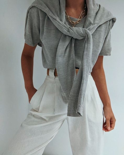 Short Sleeve Sweater Outfit, Pakistani Style, Sweater Outfit, Dress For Success, Short Sleeved Sweaters, Grey Shorts, White Pants, Grey Sweater, Sweater Outfits