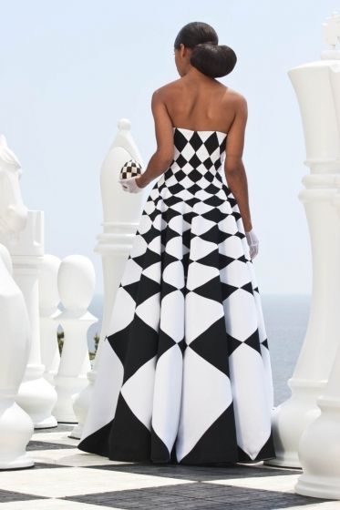 LOOK 1: Chess - black and white corset dress in duchesse satin showing a 264 piece chessboard pattern Black And White Corset, White Corset Dress, Chess Queen, Indian Accessories, Queen Aesthetic, Fashion Art Photography, White Corset, Black White Fashion, Color Collection