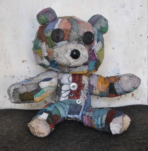 The Patchwork Bear 🐻 .. #patchwork #teddybear #stuffedtoyart #handstitched #folkart #outsiderart #colourfulart #softsculpture #textilesculpture #stitchedtoy #teddybearmaking #alteredtoy #toyart #buttoneyes #colourfulfabrics #paintedfabric #stitchedtoy Patchwork Bear, Textile Sculpture, Button Eyes, Animal Graphic, Visual Poetry, Bear Stuffed Animal, Outsider Art, Soft Sculpture, Art Toy