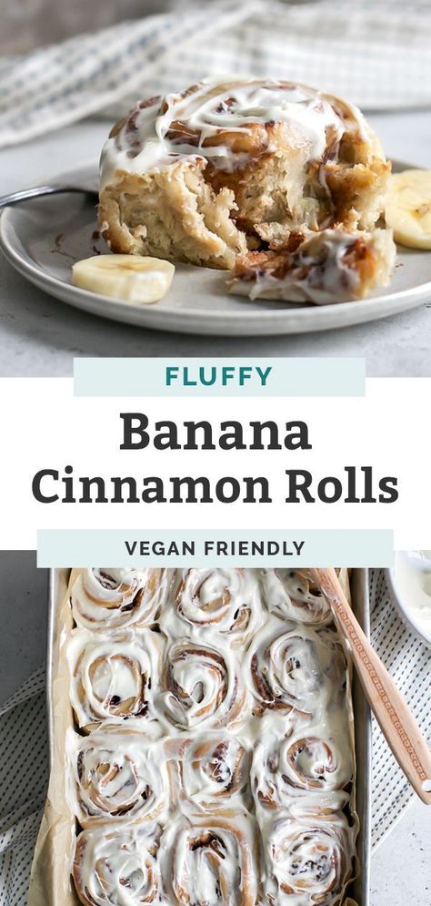 Fluffy Banana Cinnamon Rolls topped with cream cheese frosting – egg-free recipe and can easily be made dairy-free friendly using your favorite vegan cream cheese. These cinnamon rolls are a crowd-favorite. So light and fluffy, thanks to using bread flour. #bobsredmill #sponsored #cinnamonrolls #recipe #eggfree Using Bread Flour, Banana Cinnamon Rolls, Banana Bread Cinnamon, Homemade Cinnamon Rolls Easy, Strawberry Cinnamon Rolls, Breakfast Baking, Bread Cinnamon, Healty Dinner, Brunch Items