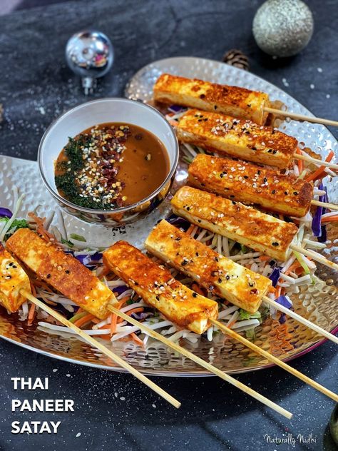 Thai Paneer Satay - Naturally Nidhi Veg Thai Recipes, Indian Kebab, Salad Sticks, Eye Makeup For Hazel Eyes, Thailand Night, Thai Satay, Veg Starter Recipes, Appetizer Recipes Vegetarian, Vegetarian Thai