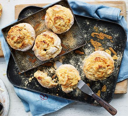 Marmite gives a deep savoury flavour to these tasty pinwheel cheddar cheese scones - perfect for afternoon tea or a simple snack Cheese Scone Recipes, Cheese Scones, Savory Scones, Bbc Good Food, Baking Tray, Bbc Good Food Recipes, Scone Recipe, Food Shows, Food Magazine