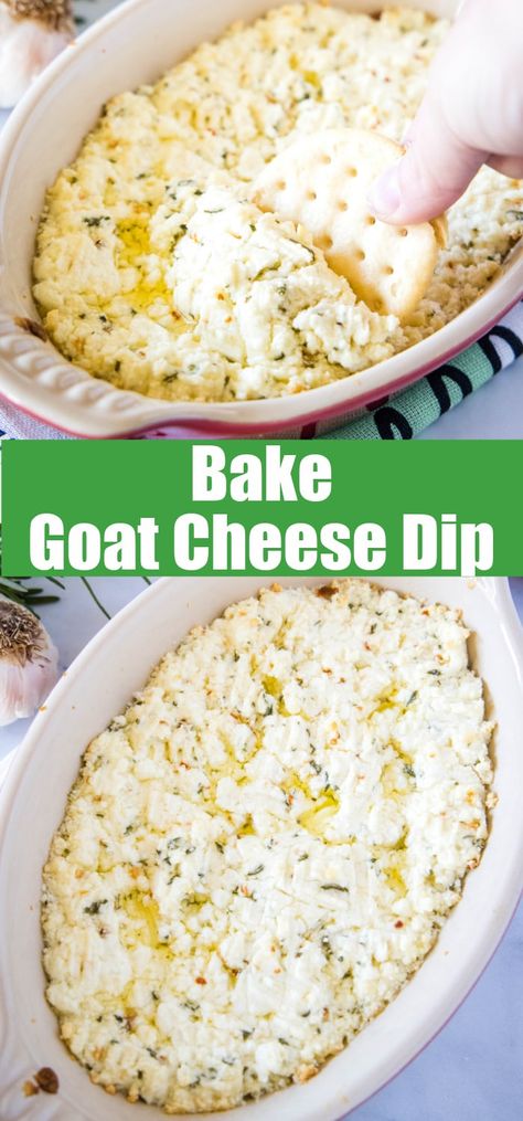 Baked Goat Cheese Dip with Garlic and Herbs - melty, cheesy baked goat cheese dip with lots of garlic and herbs! Pair with a glass of wine and you have the perfect appetizer. Dips With Goat Cheese, Appetizer Goat Cheese, Garlic And Herb Goat Cheese Recipes, Goat Cheese Appetizer Easy, Warm Goat Cheese Dip, Herbed Goat Cheese Recipe, Baked Goat Cheese Dip, Goat Cheese Dip Recipes, Goat Cheese Recipes Appetizers