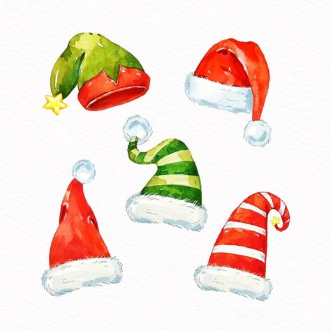 Watercolor Santa Claus, Stockings For Christmas, Watercolor Santa, Christmas Sketch, Christmas Hats, Christmas Card Art, Santa Claus Hat, Watercolor Christmas Cards, Wooden Ornament