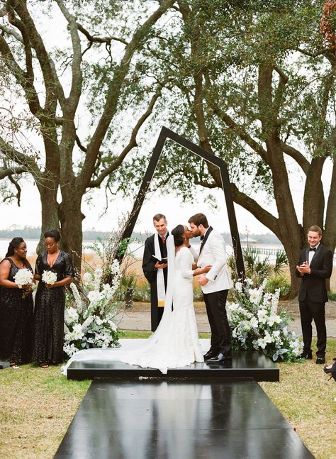 The Ceremony White Spirea, Ceremony Backdrop Outdoor, Ceremony Arbor, Mary Ruth, White Wedding Ceremony, Modern Wedding Ceremony, Black And White Wedding Theme, Wedding Alters, Wedding G