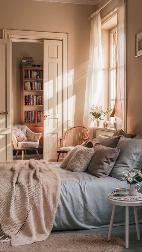 Cozy bedroom with a neatly made bed, soft pillows, and a light blanket, leading to a well-lit reading nook with a bookshelf. Neutral Room Pop Of Color, Airy Cozy Bedroom, Bedroom With Brown Walls, Bedroom Ideas Cozy Warm, Bedroom Inspirations Warm, Cozy Daybed, Fall Bedroom Aesthetic, Cozy Bedroom Aesthetic, Comfy Corner