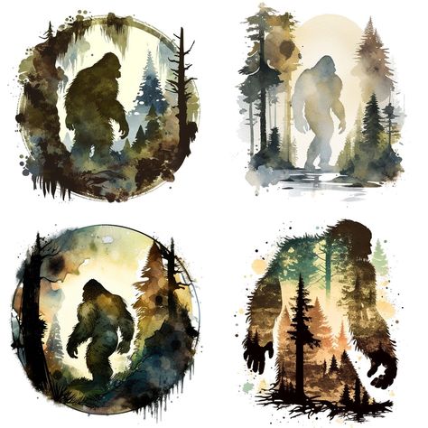 Bigfoot Watercolor, Bigfoot Painting, Bigfoot Pictures, Bigfoot Art, Forest Creatures, Hiking Shirts, Camping Art, Digital Art Illustration, Watercolor Design