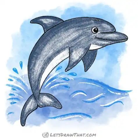 How to draw a dolphin - a simple step-by-step drawing - Let's Draw That! Dolphin Jumping Out Of Water Drawing, Water Animal Drawing, How To Draw A Dolphin, Dolphin Drawing Simple, Dolphin Drawing Realistic, Dolphin Painting Easy, Dolphin Drawing Easy, Painting Dolphins, Dolphin Jumping Out Of Water