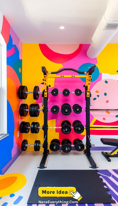 A home gym with bright, colorful decor and a range of exercise equipment, creating a fun and motivating space for workouts. Modern Gyms, Gym Setup Ideas, Bright Gym, Fitness Rooms, Exercise Space, Home Gym Ideas, Home Gym Setup, Gym Setup, Weight Room