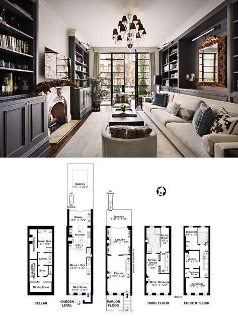 Townhouse Design Ideas, Greenwich Village Nyc Townhouse, London Mews House Floor Plan, Nyc Townhouse Floor Plan, New York Brownstone Floor Plan, Luxury Townhouse Floor Plans, Townhouse Plans Layout, Modern Townhouse Floorplan, New York Townhouse Floor Plan