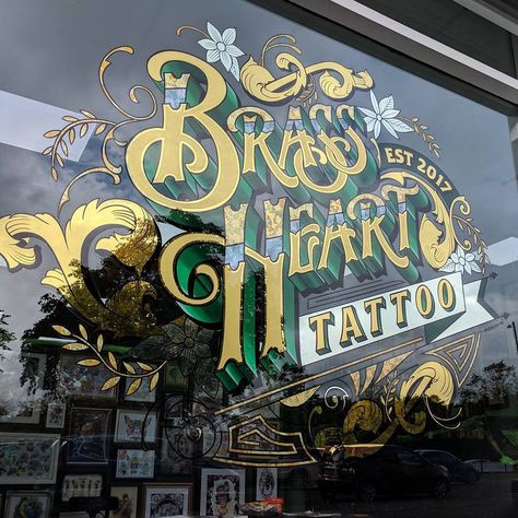 Tattoo Shop Exterior, Tattoo Shop Branding, Tattoo Shop Signs, Tattoo Shop Window, Tattoo Shop Logo, Heart Knife, Tattoo Sign, Window Lettering, Tattoo Shop Decor