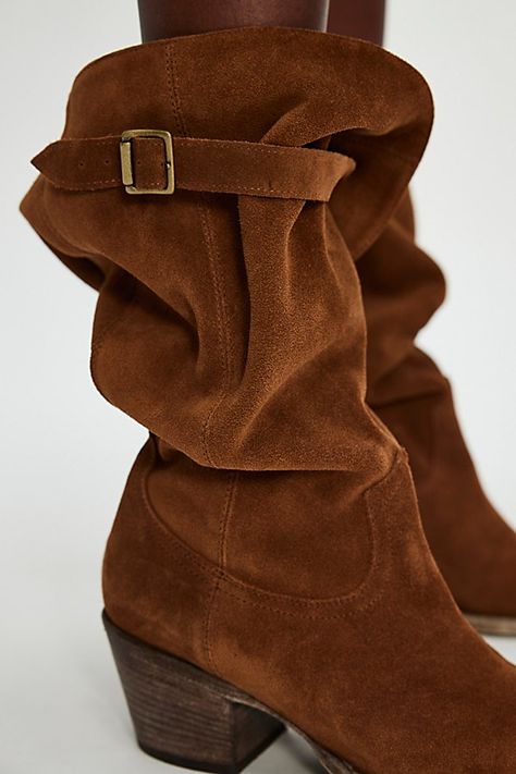 Get that authentic boho vibe with these super slouchy suede boots, featuring a pointed toe and buckle details for an extra chic look. **Fit:** Extra slouchy **Features:** Tall style, suede fabrication, pointed toe, buckle detail at topline, chunky block heel, pull-on design **Why We | Extra Slouch Boots by FP Collection at Free People in True Tan Suede, Size: US 9 Ankle Boots Suede, Slouchy Boots Outfit, Suede Boots Outfit, Slouchy Suede Boots, Boots Boho, Slouch Boots, Fashion Diary, Boho Boots, Slouchy Style