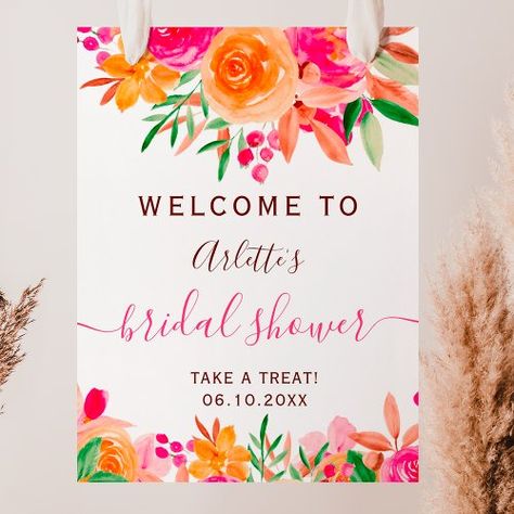 $53.95 | Bold fall floral watercolor bridal shower welcome #modern floral watercolor, modern bridal shower invite, floral botanical design, cute watercolor flowers background, elegant signature script calligraphy, bold fall floral watercolor, pink peach wedding party, garden party, welcome bridal shower, botanical bride to be Bold Wedding Invitations, Watercolor Flower Background, Modern Bridal Shower, Bridal Shower Welcome Sign, Welcome Poster, Peach Wedding, Floral Bridal Shower, Bright Flowers, Floral Bridal