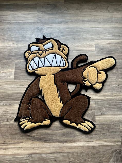 Handmade custom tufted Evil Monkey! Made To Orders take about 7-10 days to be made and shipped out depending on size! Each tufted rug is carefully crafted and carved to perfection giving an almost 3D appearance that you can see and feel. Each piece is a luxury decor addition to the interior floors of your home.  Also an amazing gift for your family or friends! I specialize in creating custom rugs from any design such as Business logos, Faces, Animals, Etc. via photos and I also offer graphic design assistants with original concepts to make your dreams a reality in rug form! - - - - - *Made with 100% hypoallergenic acrylic yarn. *All tufted rugs are extremely soft and durable with a felt backing finish on the back. *Keep the rug in a low traffic area and away from any moisture. *Use low wat Teddy Bear Rug, Character Rugs, Custom Rugs Design, Kaws Rug, Rug Form, Offer Graphic Design, Tufting Rugs, Rugs Custom, 3 Monkeys