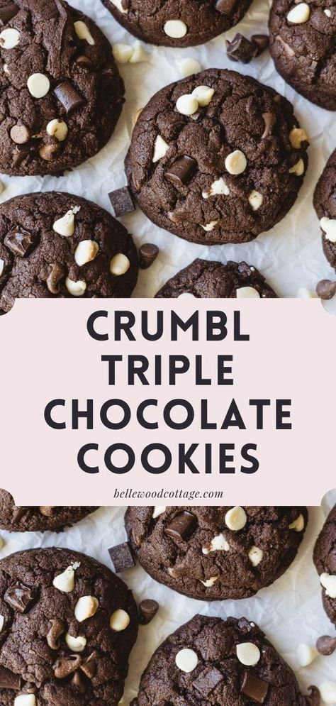 Dutch Chocolate Cookies, Triple Chocolate Chunk Cookies, Crumble Cookie Copycat Recipe Chocolate, Cookie Recipes That Freeze Well, Triple Chocolate Cookies Recipe, Crumbl Chocolate Cookie, Crumble Chocolate Cookie, How To Make Crumbl Cookies, Crumbl Cookie Chocolate