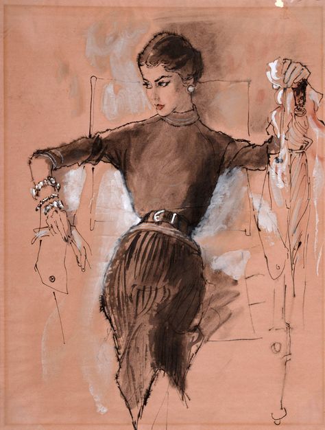 René Bouché (1905–1963), Saks Fifth Avenue New York for Condé Nast, 1950s… Vintage Women Fashion, Vintage Fashion Sketches, Fashion Illustration Vintage, Vintage Drawing, Fashion Design Sketches, Watercolor Sketch, Moda Vintage, Vintage Women, Mode Vintage