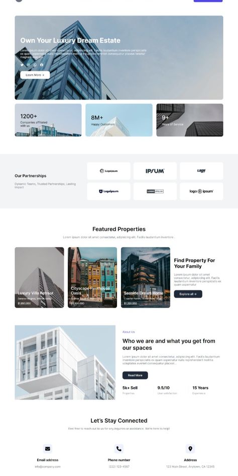 Capture attention with a captivating landing page designed exclusively for real estate agencies! This intuitive WordPress Gutenberg block template lets you showcase your prime properties in minutes. Simply copy, paste, and customize – no coding required! #realestate #property #wordpress #gutenberg #landingpage #agency #webdesign #ecommerce Website Design For Real Estate, Website Cta Section, Webdesign Page Blocks, Real Estate Website Design Landing Pages, Real Estate Email Template, Wordpress Website Design Ideas, Real Estate Ui Design, Real Estate Website Design Inspiration, Property Website Design