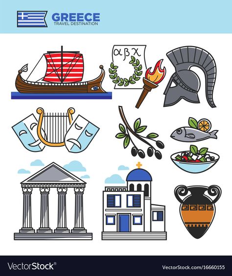 Greece travel tourism landmark symbols and greek Vector Image Greek Mythology Lessons, Bucket List Journal, Greek Flag, Map Murals, Holiday Travel Destinations, Spartan Helmet, School Clipart, Graphic Design Fonts, Dot Journals