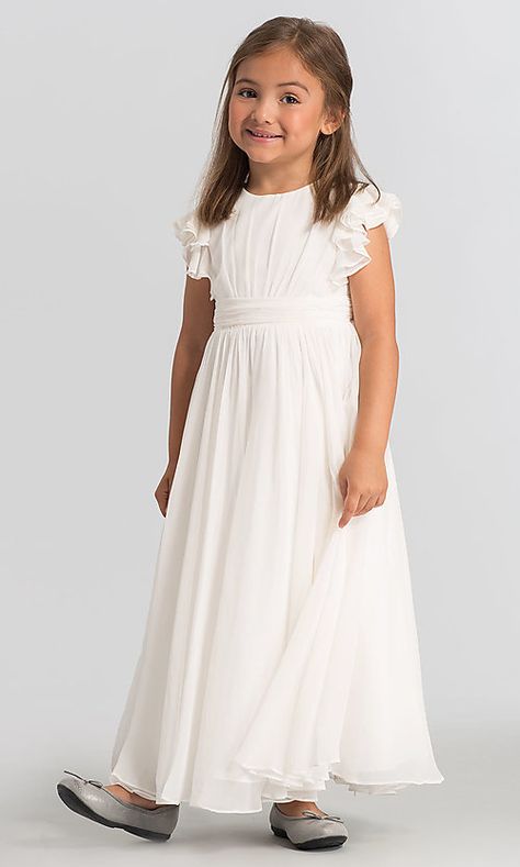 Ivory Flutter-Sleeve Flower Girl Dress by Dessy Girl Simple Flower Girl Dresses, Plain White Dress, Confirmation Dresses, Long Flower Girl Dresses, Tea Length Skirt, Elegant Clothing, Ivory Flower Girl, Girls White Dress, Kleinfeld Bridal