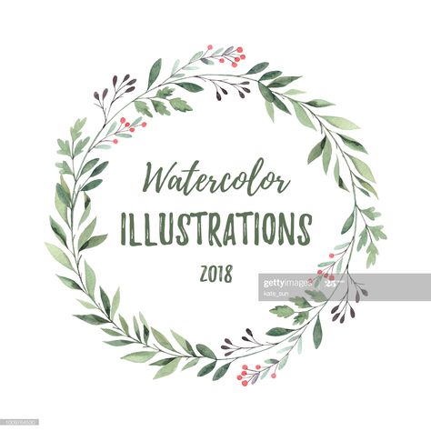 Stock-Illustration : Handgezeichnete Aquarell Abbildung. Botanische Kranz aus grünen Zweigen und blättern. Sommerlaune. Floral Design-Elemente. Ideal für Einladungen, Grußkarten, Drucke, Plakate, Verpackung Water Colour, Watercolor Illustration, Stock Illustration, Floral Pattern, Getty Images, Floral Design, How To Draw Hands, Bullet Journal, Drawings