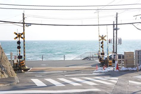 Ocean coast-line beach road and rail-tracks, Japan ... 01.2021 Japan Beach, Good Morning Call, Japanese Countryside, Japan Train, Scenery Photography, Lines Wallpaper, House Viewing, Beach Road, Japan Aesthetic